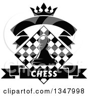 Black And White Chess Pawn Over A Diamond Checker Board With A Crown And Banners