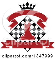 Poster, Art Print Of Red Chess Pawn Over A Black And White Diamond Board With A Crown And Blank Banners