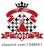 Poster, Art Print Of Red Chess Pawn Over A Black And White Diamond Board With A Crown And Banners