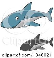 Poster, Art Print Of Cartoon Blue And Gray Sharks With Toothy Grins