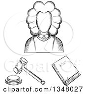 Poster, Art Print Of Black And White Sketched Female Judge Law Book And Gavel