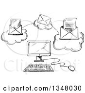Poster, Art Print Of Black And White Sketched Desktop Computer And Sending Email