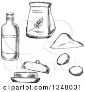Black And White Sketched Bag Of Flour Bottle Eggs And Butter