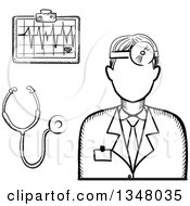 Poster, Art Print Of Black And White Sketched Male Doctor Stethoscope And Chart