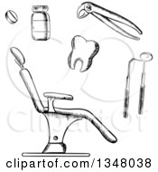 Clipart Of A Black And White Sketched Dental Chair Tools Medicine And Tooth Royalty Free Vector Illustration