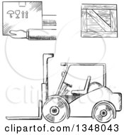 Black And White Sketched Warehouse Forklift Shipping Crate And Fragile Box