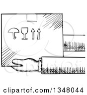 Clipart Of Black And White Sketched Hands Holding A Fragile Box Royalty Free Vector Illustration