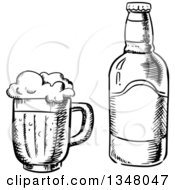 Poster, Art Print Of Black And White Sketched Beer Mug And Bottle