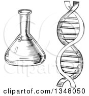 Black And White Sketched Laboratory Flask And Dna Strand