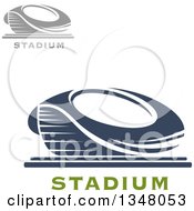 Clipart Of Gray And Navy Blue Sports Stadium Arena Buildings With Text Royalty Free Vector Illustration