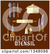 Poster, Art Print Of Flat Design Kitchen Utensils With Text On Brown