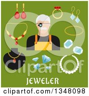 Poster, Art Print Of Flat Design Male Jeweler And Jewelery With Text On Green