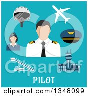 Flat Design Male Pilot Accessories And Text On Blue