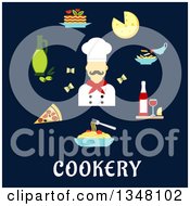 Poster, Art Print Of Flat Design Male Chef Avatar With Food Over Text On Navy Blue