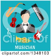 Poster, Art Print Of Flat Design Male Musician With Instruments Over Text On Blue