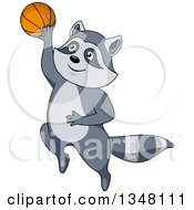 Poster, Art Print Of Cartoon Raccoon Jumping And Shooting A Basketball