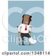 Poster, Art Print Of Flat Design Of A Hurt Black Businessman Using Crutches On Blue