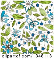 Poster, Art Print Of Seamless Background Of Flowers Leaves And Blueberries