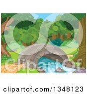 Clipart Of A Stone Foot Bridge Over A Creek With Trees And Shrubs Royalty Free Vector Illustration