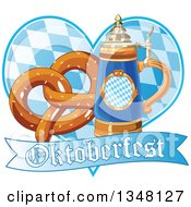 German Beer Stein With A Soft Pretzel Over A Heart And Oktoberfest Banner
