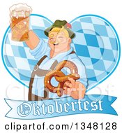 Happy Blond Oktoberfest German Man Holding A Beer Mug And Soft Pretzel Over A Diamond Patterned Heart And Banner