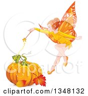 Magic Autumn Fairy Flying Over A Pumpkin And Autumn Leaves
