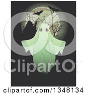 Poster, Art Print Of Halloween Ghost Over Silhouetted Bare Branches Tombstones Flying Bats And A Full Moon