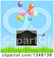 Poster, Art Print Of Floating Blackboard With Party Balloons And Butterfly Over Grass And Blue Sky