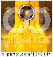 Poster, Art Print Of 3d Music Speaker Over Gold Steps With Suspended Disco Music Balls And Flares