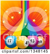 3d Colorful Bingo Balls Over A Rainbow With Stars And Orange Rays