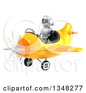 Clipart Of A 3d White And Blue Robot Aviator Pilot Flying A Yellow Airplane To The Left Royalty Free Illustration by Julos
