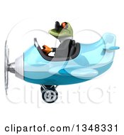 Clipart Of A 3d Green Business Springer Frog Aviator Pilot Wearing Sunglasses And Flying A Blue Airplane To The Left Royalty Free Illustration