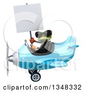 Clipart Of A 3d Green Business Springer Frog Aviator Pilot Wearing Sunglasses Holding A Blank Sign And Flying A Blue Airplane To The Left Royalty Free Illustration