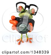 Clipart Of A 3d Bespectacled Green Springer Frog Taking Pictures With A Camera Royalty Free Illustration