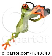Clipart Of A 3d Bespectacled Green Springer Frog Leaping And Taking Pictures With A Camera Royalty Free Illustration