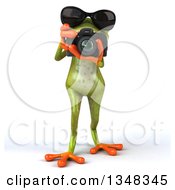 Clipart Of A 3d Green Springer Frog Wearing Sunglasses Walking And Taking Pictures With A Camera Royalty Free Illustration