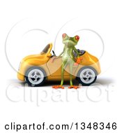 Clipart Of A 3d Green Springer Frog By A Yellow Car Royalty Free Illustration