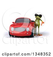 Clipart Of A 3d Green Springer Frog Wearing Sunglasses And Giving A Thumb Down By A Red Convertible Car Royalty Free Illustration