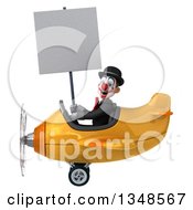 Clipart Of A 3d White And Black Clown Aviator Pilot Holding A Blank Sign And Flying A Yellow Airplane To The Left Royalty Free Illustration