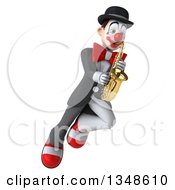 Clipart Of A 3d White And Black Clown Playing A Saxophone And Flying Royalty Free Illustration by Julos