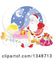 Poster, Art Print Of Caucasian Girl Sleeping While Santa Sets A Gift On Her Bed
