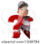 Clipart Of A 3d Young White Male Super Hero Mechanic In Gray And Red Holding A Question Mark Around A Sign Royalty Free Illustration by Julos