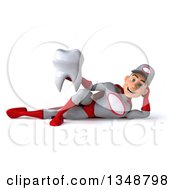Clipart Of A 3d Young White Male Super Hero Mechanic In Gray And Red Holding A Tooth And Resting On His Side Royalty Free Illustration by Julos