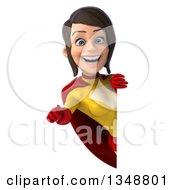 Clipart Of A 3d Brunette White Female Super Hero In A Yellow And Red Suit Pointing Outwards Around A Sign Royalty Free Illustration by Julos