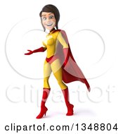Clipart Of A 3d Brunette White Female Super Hero In A Yellow And Red Suit Presenting To The Left Royalty Free Illustration by Julos
