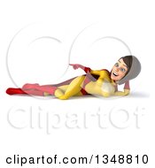 Clipart Of A 3d Brunette White Female Super Hero In A Yellow And Red Suit Resting On Her Side And Pointing Royalty Free Illustration by Julos