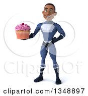 Clipart Of A 3d Young Black Male Super Hero Dark Blue Suit Holding A Cupcake Royalty Free Illustration by Julos