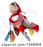 Clipart Of A 3d Young White Male Super Hero Santa Holding Shopping Bags And Flying Royalty Free Illustration