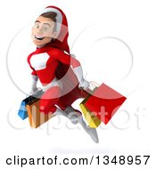 Clipart Of A 3d Young White Male Super Hero Santa Holding Shopping Bags And Flying Royalty Free Illustration