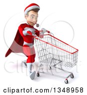 Clipart Of A 3d Young White Male Super Hero Santa Struggling With A Shopping Cart Royalty Free Illustration